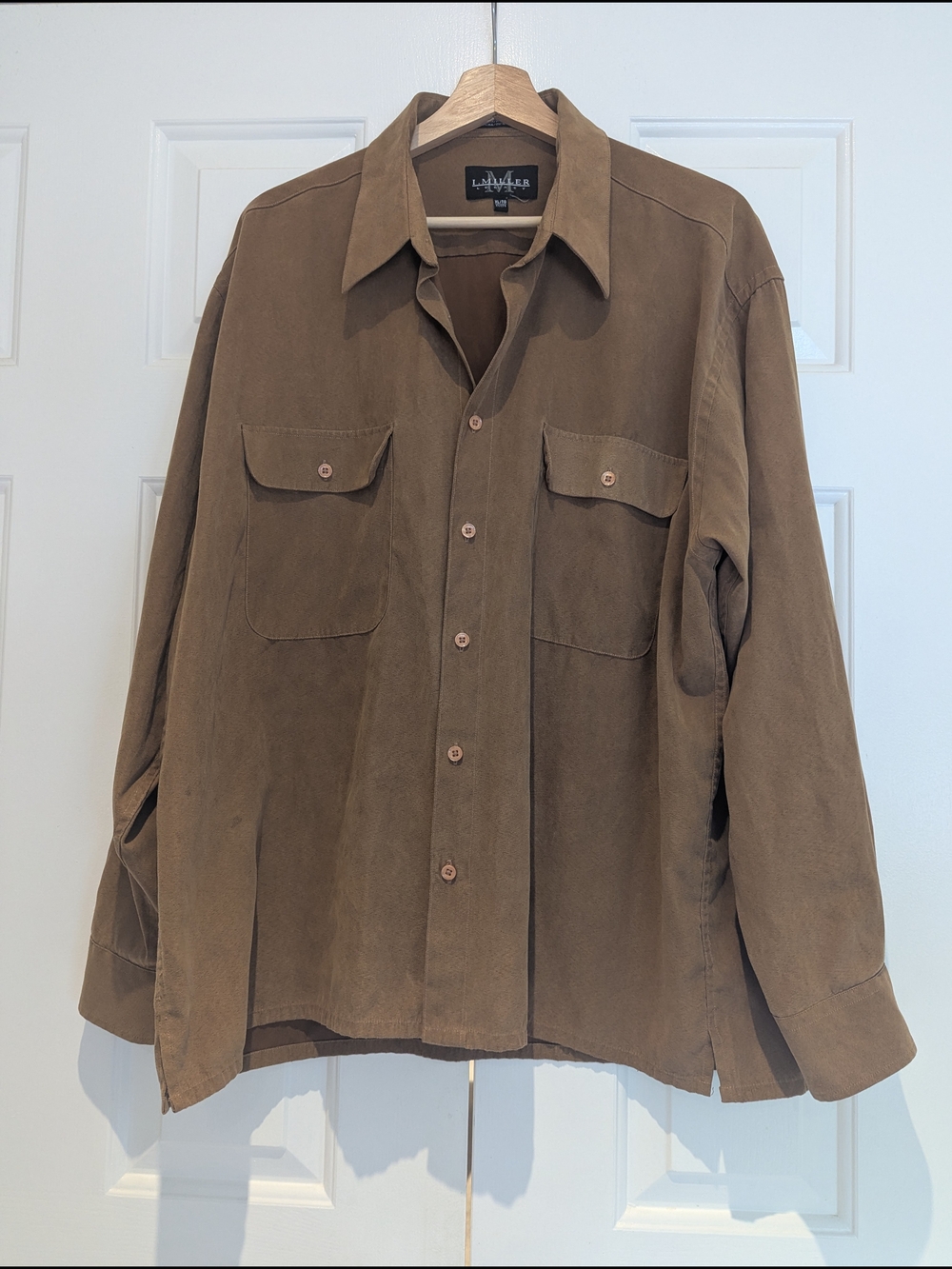 Vintage L. Miller Chestnut Brown Button-Front Vegan Suede Shirt Western Coastal